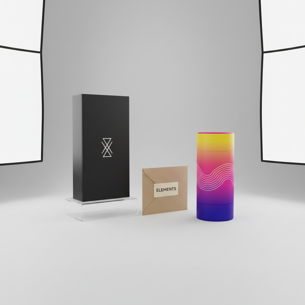 A polished array of branded packaging prototypes on a seamless light grey backdrop: a tall matte-finish box with a geometric logo, a small kraft paper envelope with a minimalist label, and a cylindrical container wrapped in a vivid gradient pattern. Each piece aligns perfectly, with sharp edges and consistent typography. A subtle acrylic stand elevates one box, adding depth. Diffused studio softboxes create even, shadowless lighting that accentuates form and color accuracy. Shot at eye level with a slight three-quarter turn, the photographic composition is clean and modern, evoking the precision and attention to detail of a professional graphic and digital branding studio.