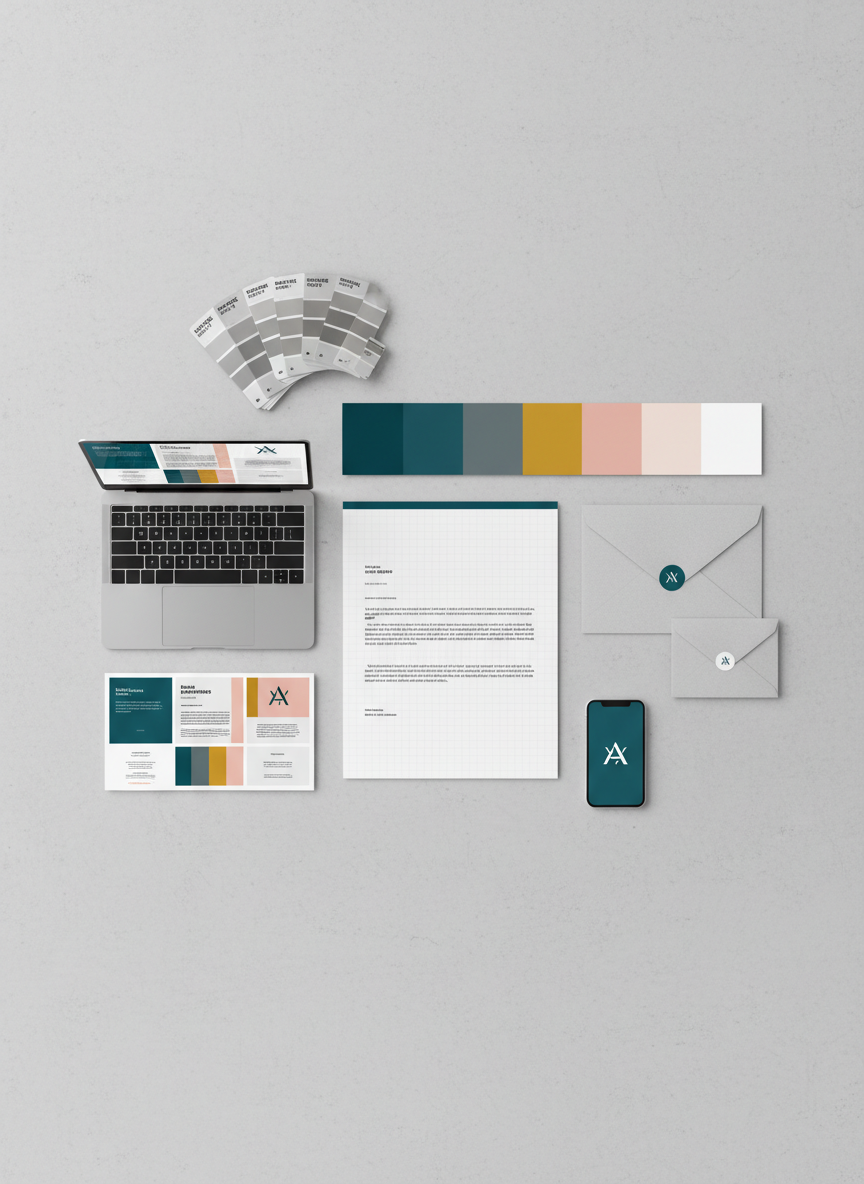 A carefully curated flat lay of a complete visual identity system spread across a light concrete surface: letterhead with precise grid lines, a vibrant color palette strip, envelopes, a minimalist logo on a phone screen, and social media post templates displayed on a sleek laptop. Metallic Pantone swatch books fan out at the edge, their labels sharply in focus. Bright, even studio lighting emphasizes textures of uncoated paper and brushed aluminum accessories. Shot from a true bird’s-eye view, with balanced, symmetrical composition, the mood is precise, organized, and highly professional, showcasing the full spectrum of branding and digital design services with photographic clarity.
