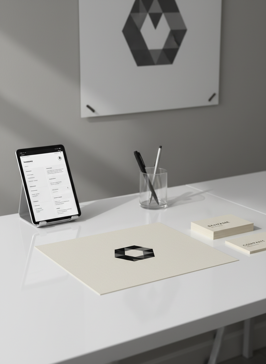 A sleek, minimalistic branding workspace featuring a crisp white desk with a carefully arranged grid of design elements: a bold black-and-white logo on smooth matte paper, a stack of textured business cards with debossed lettering, and a tablet displaying a clean brand guidelines page. The background shows a neutral grey wall with a single large poster of a geometric brand mark. Soft, diffused daylight from an unseen window washes over the scene, creating gentle shadows and subtle reflections on a glass pen holder. Photographic realism, eye-level composition, and shallow depth of field keep the focus on the refined brand assets, conveying a professional, contemporary graphic design agency atmosphere.