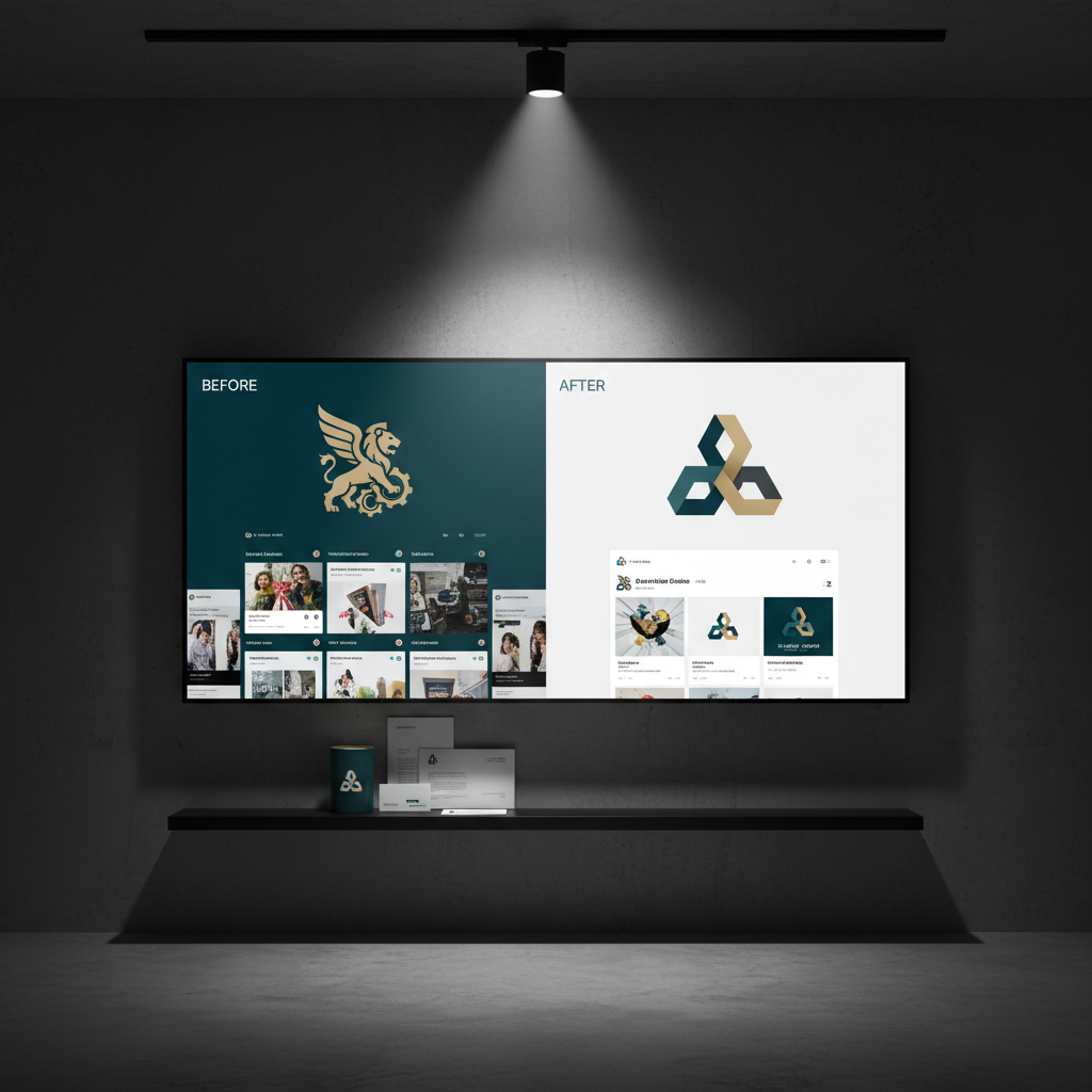 A striking before-and-after brand transformation presentation on a large, wall-mounted ultra-HD screen in a dim, minimalist studio. The left side shows an outdated logo and cluttered social media grid; the right side reveals a bold, simplified new logo, cohesive color palette, and harmonious digital layouts. Below the screen, a slim black shelf holds a few printed mockups of packaging and stationery reflecting the new identity. A single track light above casts dramatic focused illumination on the screen, leaving the room in soft shadow. Photographic realism, captured from a slightly low, centered angle, enhances the sense of impact and professionalism in strategic rebranding work.