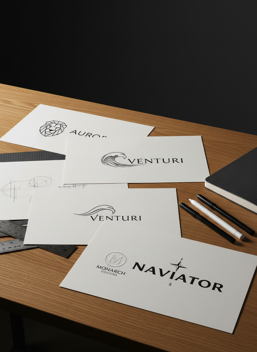 A high-end logo design exploration scene with several concept sketches printed on thick off-white cardstock, each featuring distinct emblem and wordmark variations in black ink. A dark graphite notebook lies open nearby with faint grid guidelines visible, next to precision tools: metal ruler, fine-liner pens, and a minimalist wireless stylus. The desk is warm oak with a subtle grain, set against a nearly black matte wall that makes the white sheets glow. Directional overhead studio lighting creates crisp shadows and highlights the emboss on one finalized logo sample. Captured from a slightly angled top-down perspective in photographic realism, the atmosphere is focused, refined, and meticulously creative.
