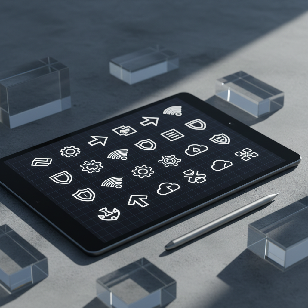 A series of digital brand icons and pictograms displayed on a glossy black tablet lying on a cool stone surface. The icons are razor-sharp, monochrome line designs, arranged on a dark grid with subtle guides visible. Around the tablet, transparent acrylic shapes and a metallic stylus reflect the environment. A narrow beam of directional light from the top right skims across the surface, catching edges and producing refined highlights, while the background falls into soft shadow. Photographic realism, captured from a close-up, slightly angled top-down view with shallow depth of field, creates a meticulous, high-tech mood that highlights precision icon and interface design.