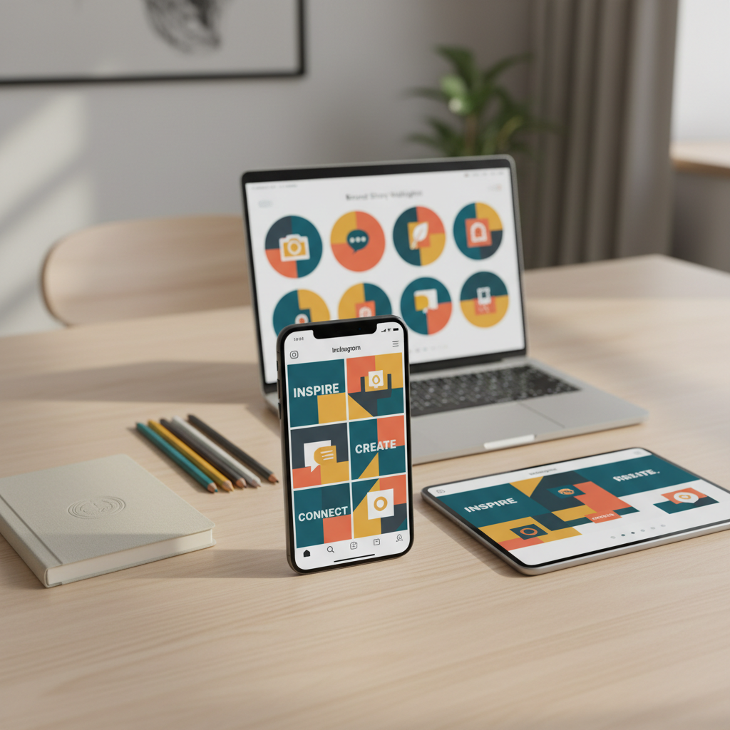 A collection of social media branding templates displayed across multiple devices on a pale wooden table: a smartphone showing an Instagram grid of cohesive posts, a tablet with a carousel design, and a laptop featuring a brand story highlight cover set. Each screen uses the same bold color palette, clean sans-serif typography, and simple geometric shapes. Subtle props include neatly aligned colored pencils and a closed sketchbook with a debossed logo. Soft natural daylight from the left casts gentle, elongated shadows, while the background fades into a blurred neutral interior. Photographic realism with a centered, slightly elevated composition and moderate depth of field conveys a dynamic yet orderly digital communication aesthetic.