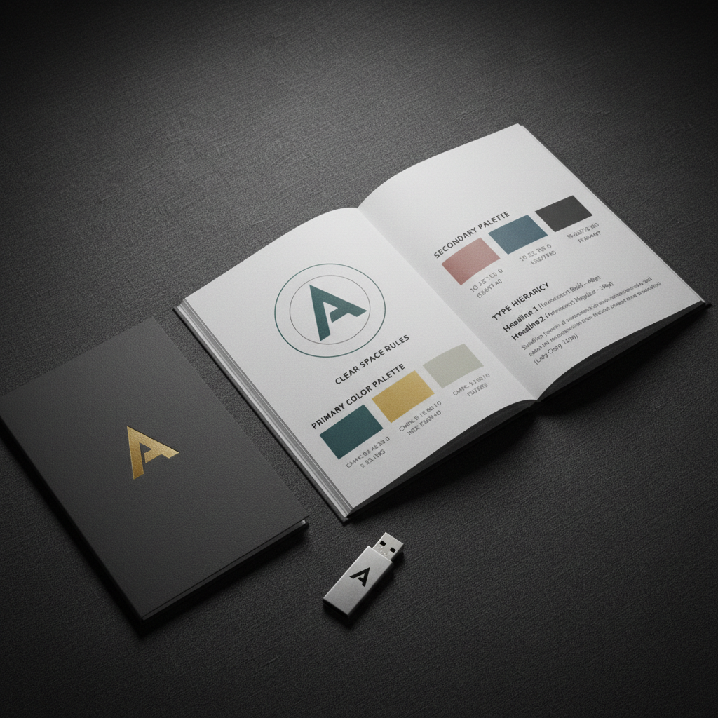 A sophisticated brand guidelines booklet open on a dark charcoal linen surface, showcasing a meticulously laid-out spread: logo clear space rules, primary and secondary color palettes with CMYK and HEX codes, and type hierarchy samples. The booklet’s uncoated paper has a soft, tactile look, with a thick, perfectly bound spine. Nearby, a matching branded folder and a USB key with a minimalist logo imprint rest at slight angles. Focused overhead studio lighting pools gently on the booklet, leaving the edges subtly vignetted. Photographic realism, shot from a three-quarter top-down angle, emphasizes clarity and order, creating a calm, authoritative mood suited to a professional branding agency.