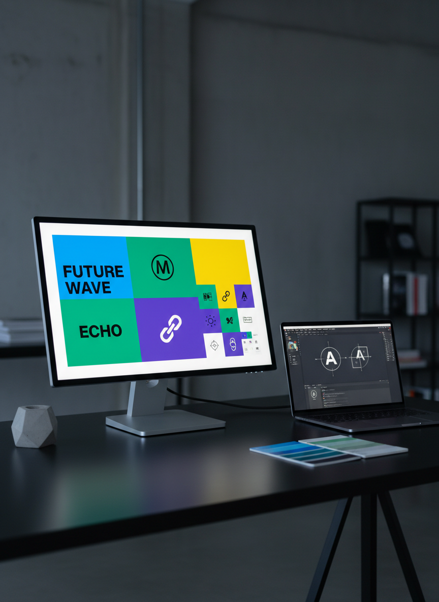 A modern digital branding setup with a large, ultra-thin monitor displaying a vibrant brand moodboard: bold typography, color blocks, iconography, and social media grid previews. Next to it, a slim laptop shows a logo refinement artboard in vector software. The devices sit on a matte black desk with subtle reflections, accented by a small geometric concrete object and a neatly stacked set of color reference cards. Cool, controlled studio lighting, with a slight side light, creates a sophisticated contrast between illuminated screens and darker surroundings. Shot at eye level with a slightly wide angle, everything is in sharp focus. The mood is highly professional, sleek, and tech-forward, ideal for a graphic and digital design agency.